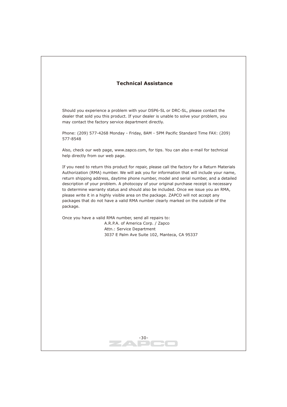 페이지 30, Technical assistance | Zapco DC-series User Manual | Page 30 / 32