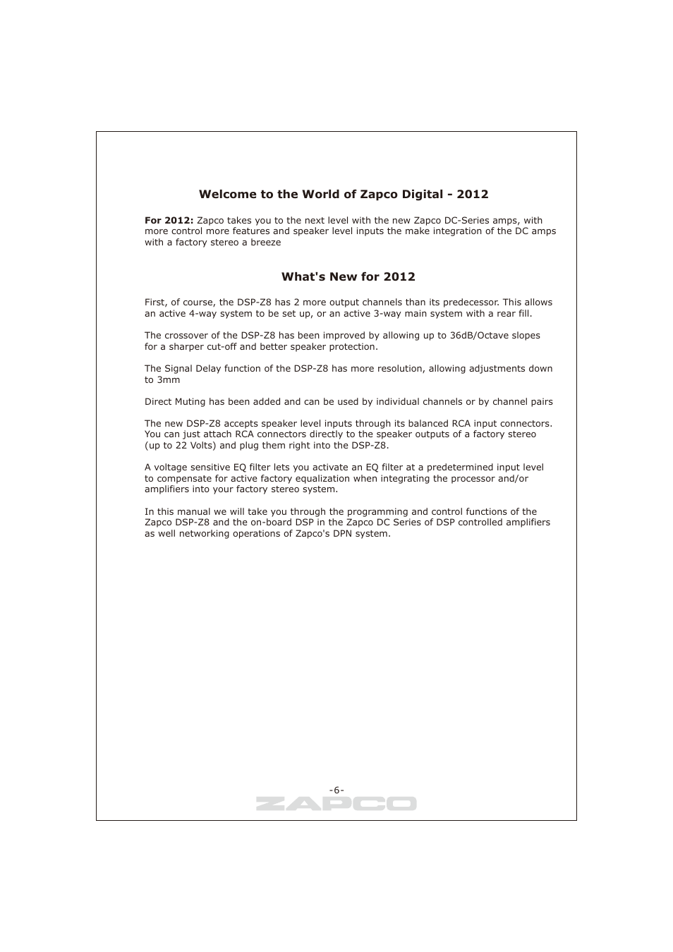 페이지 6, Welcome to the world of zapco digital - 2012, What's new for 2012 | Zapco DC-series User Manual | Page 6 / 32