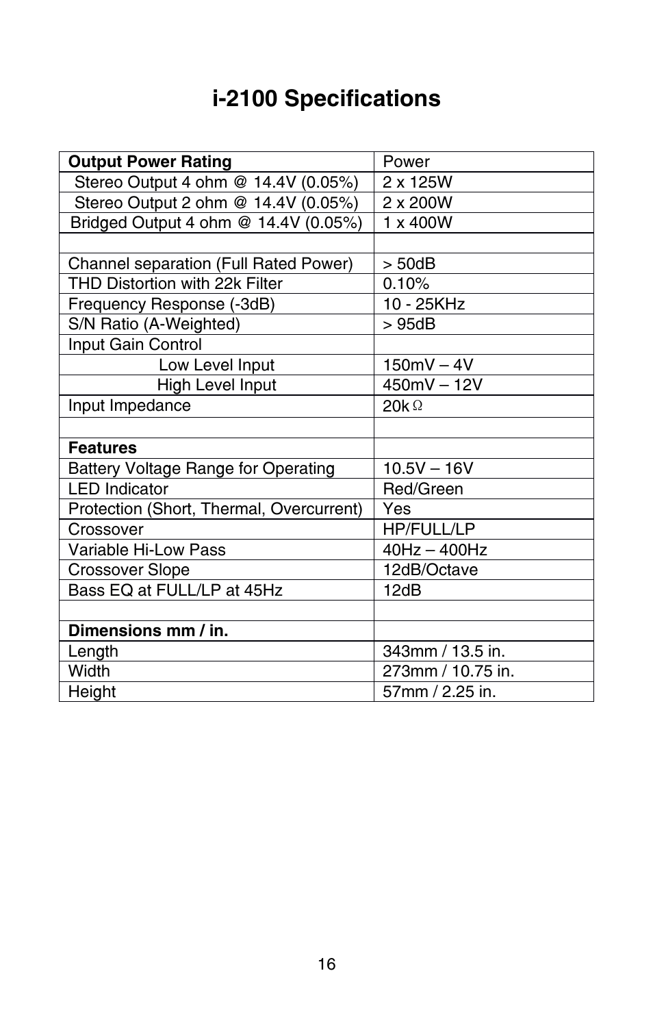 I-2100 specifications | Zapco i-Force User Manual | Page 16 / 42