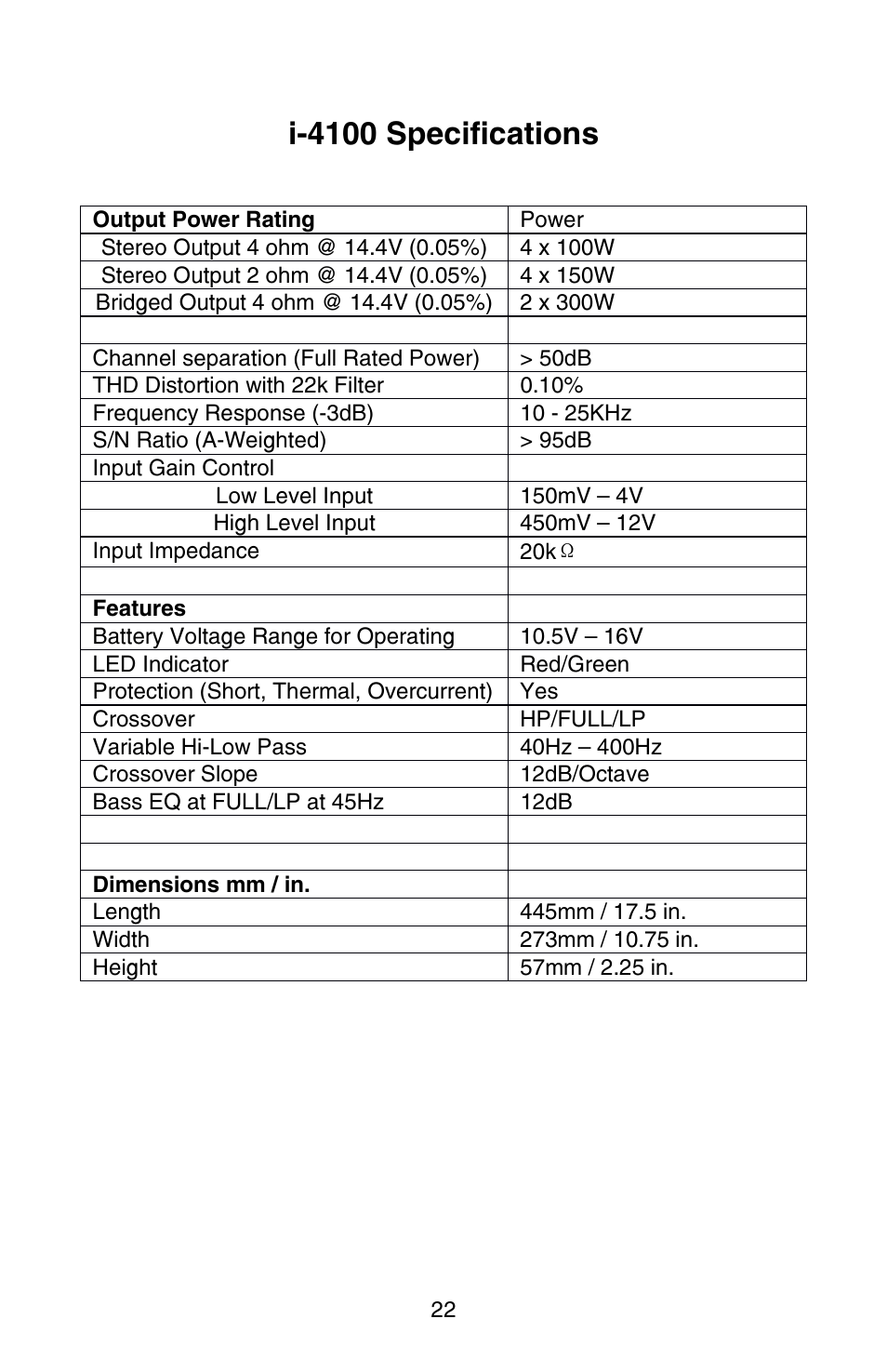 I-4100 specifications | Zapco i-Force User Manual | Page 22 / 42