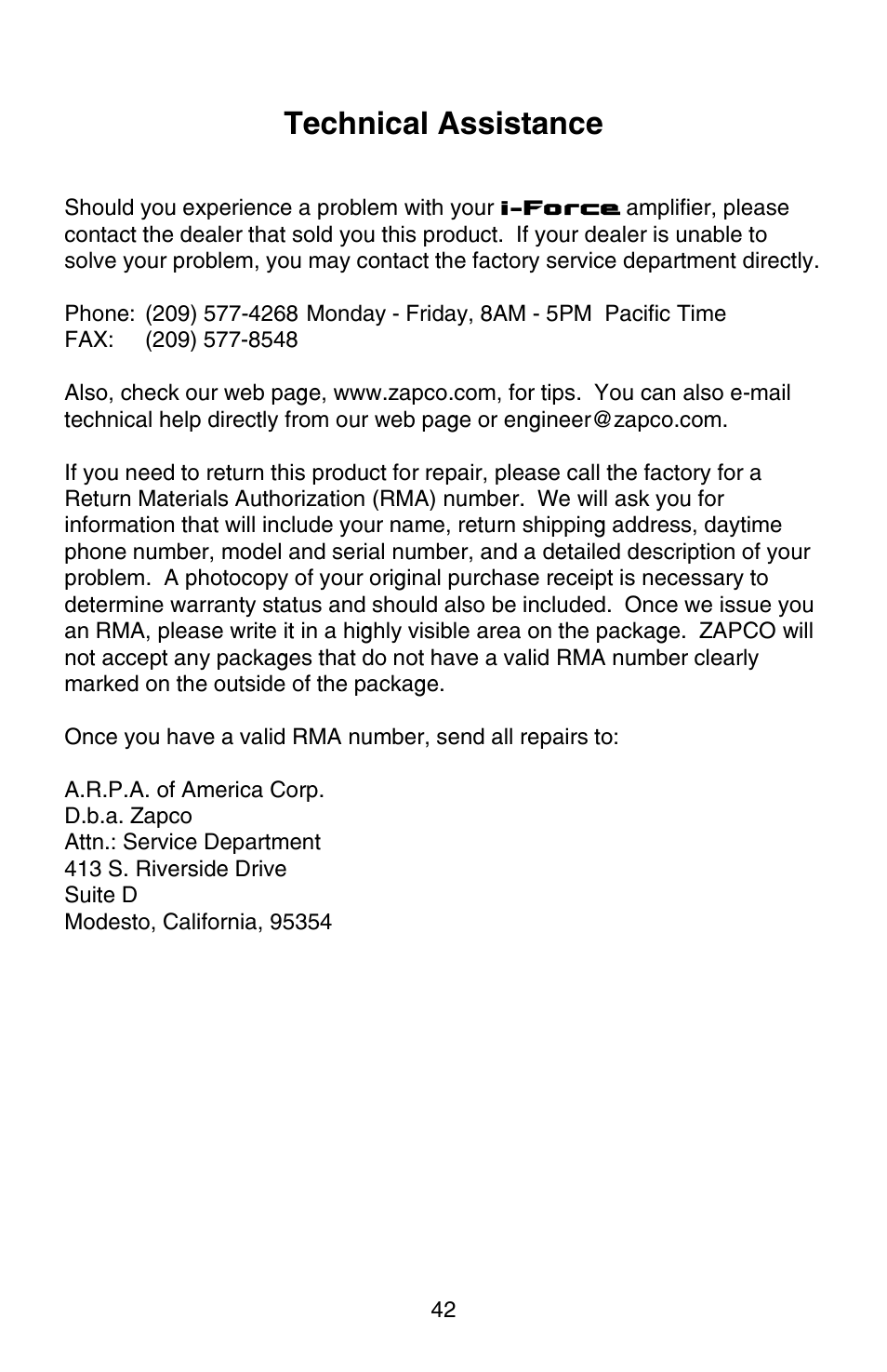 Technical assistance | Zapco i-Force User Manual | Page 42 / 42