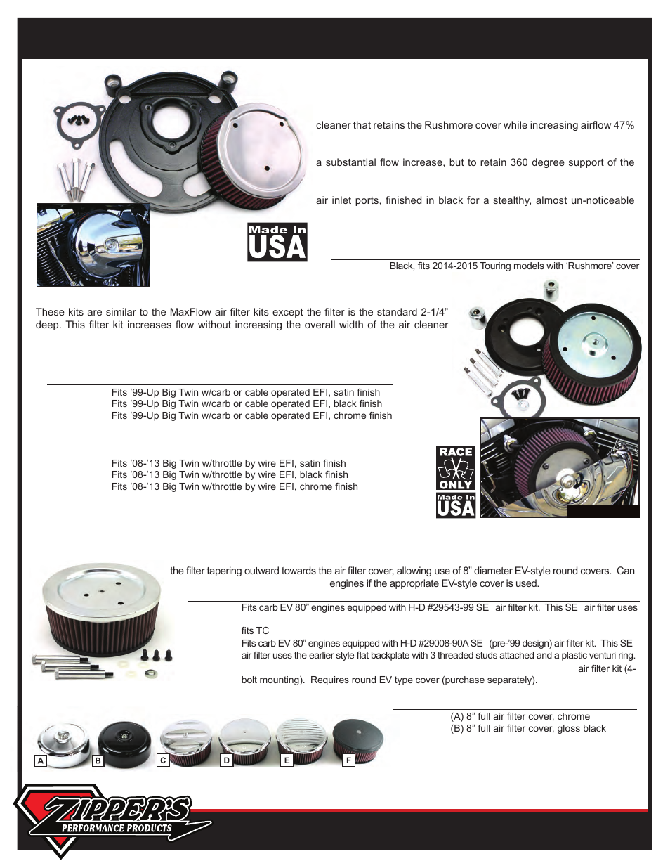 Zipper’s highflow & maxflow air filter kits, Maxflow stage i ac upgrade kit for evolution, Style cover | Covers for maxflow air cleaners, Complete highflow air filter kits | Zipper's Performance MaxFlow Air Filter Kits User Manual | Page 2 / 2