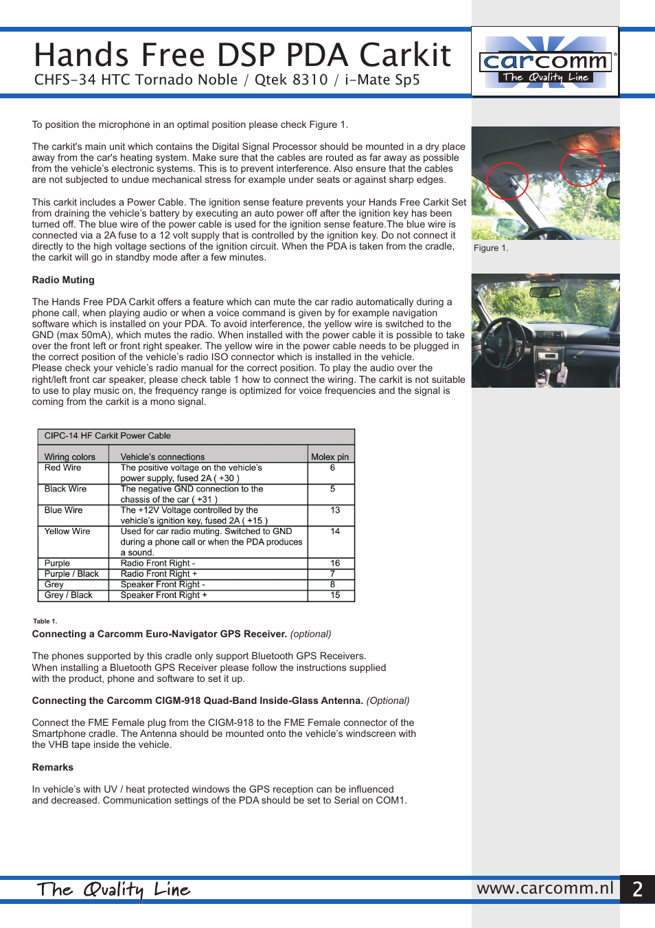 Hands free dsp pda carkit | Carcomm CHFS-34 HTC User Manual | Page 2 / 2