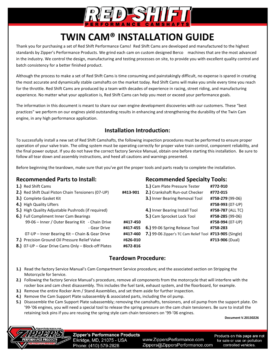 Zipper's Performance Red Shift Cams TC User Manual | 8 pages