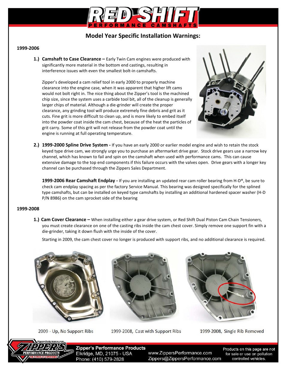 Model year specific installation warnings | Zipper's Performance Red Shift Cams TC User Manual | Page 4 / 8