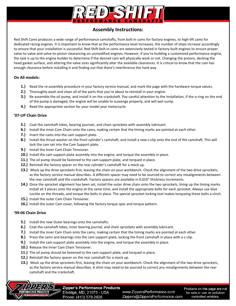 Assembly instructions | Zipper's Performance Red Shift Cams TC User Manual | Page 6 / 8