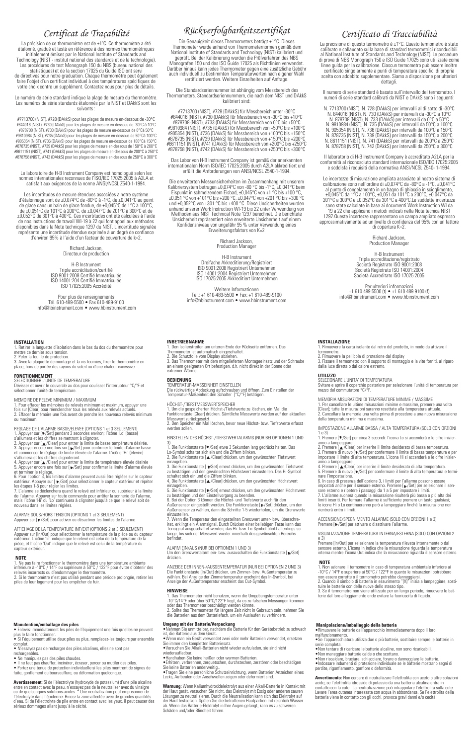 Rückverfolgbarkeitszertifikat, Certificato di tracciabilità, Certificat de traçabilité | H-B Instrument 3855 User Manual | Page 2 / 2