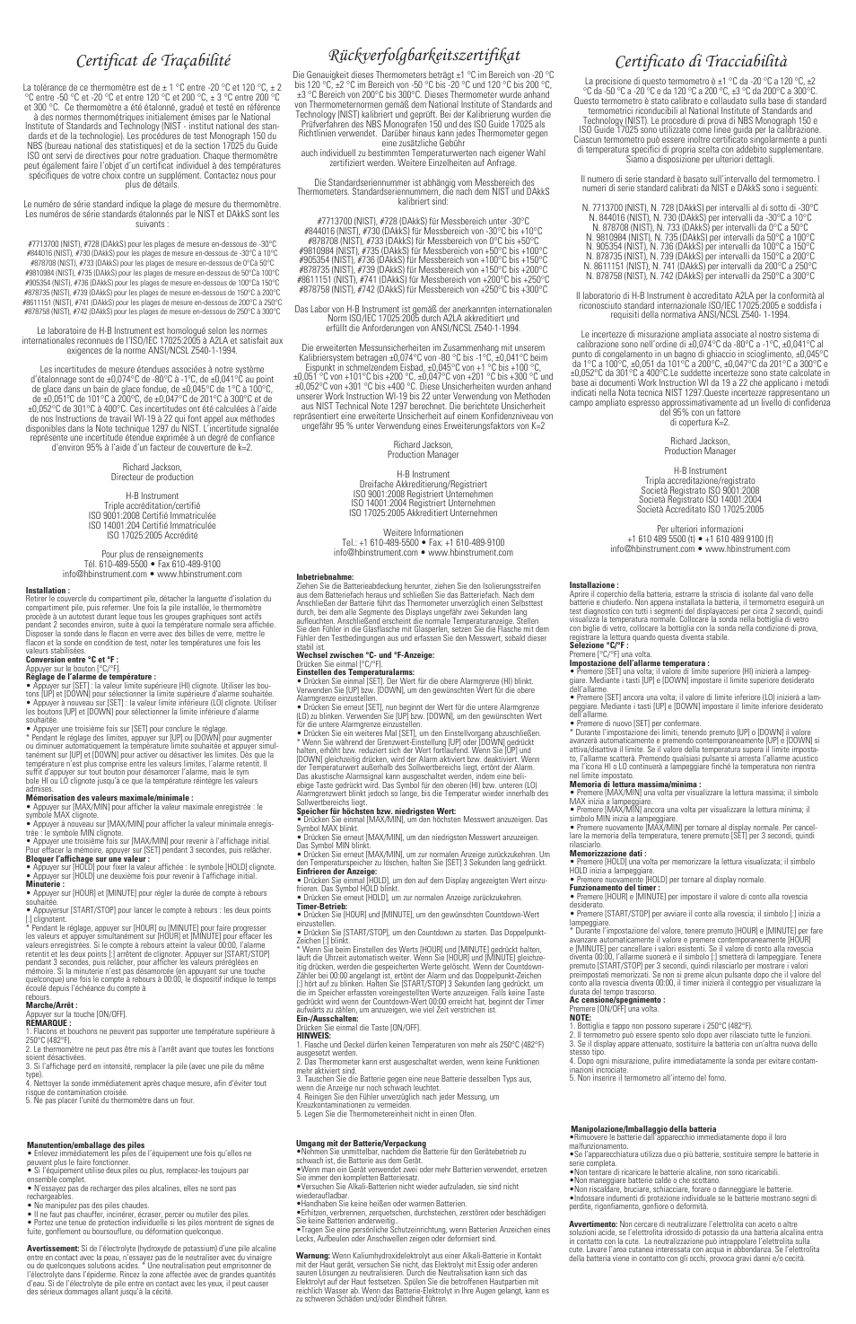 Rückverfolgbarkeitszertifikat, Certificato di tracciabilità, Certificat de traçabilité | H-B Instrument 30710 User Manual | Page 2 / 2