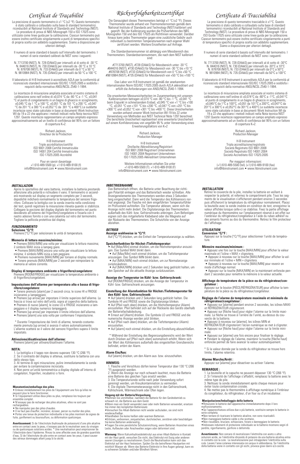 Rückverfolgbarkeitszertifikat, Certificato di tracciabilità, Certificat de traçabilité | H-B Instrument 30715 User Manual | Page 2 / 2