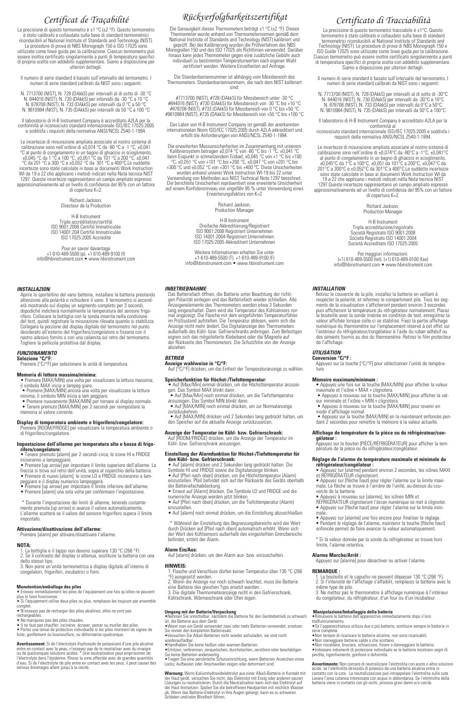 Rückverfolgbarkeitszertifikat, Certificato di tracciabilità, Certificat de traçabilité | H-B Instrument 30716 User Manual | Page 2 / 2