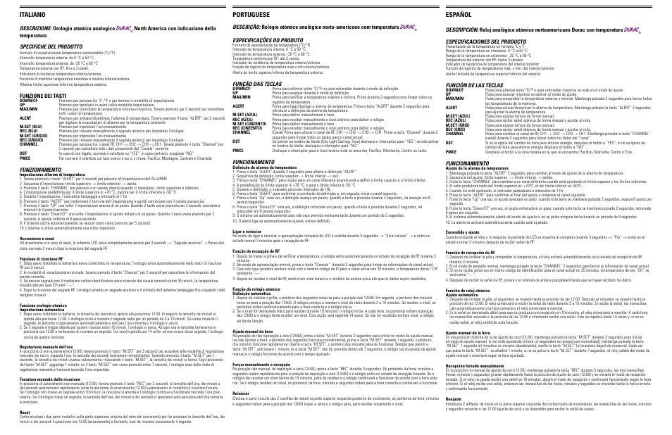 Italiano, Portuguese, Español | Descrizione: orologio atomico analogico durac, Funzione dei tasti, Funzionamento, Especificações do produto, Função das teclas, Funcionamento, Especificaciones del producto | H-B Instrument 244 User Manual | Page 2 / 2