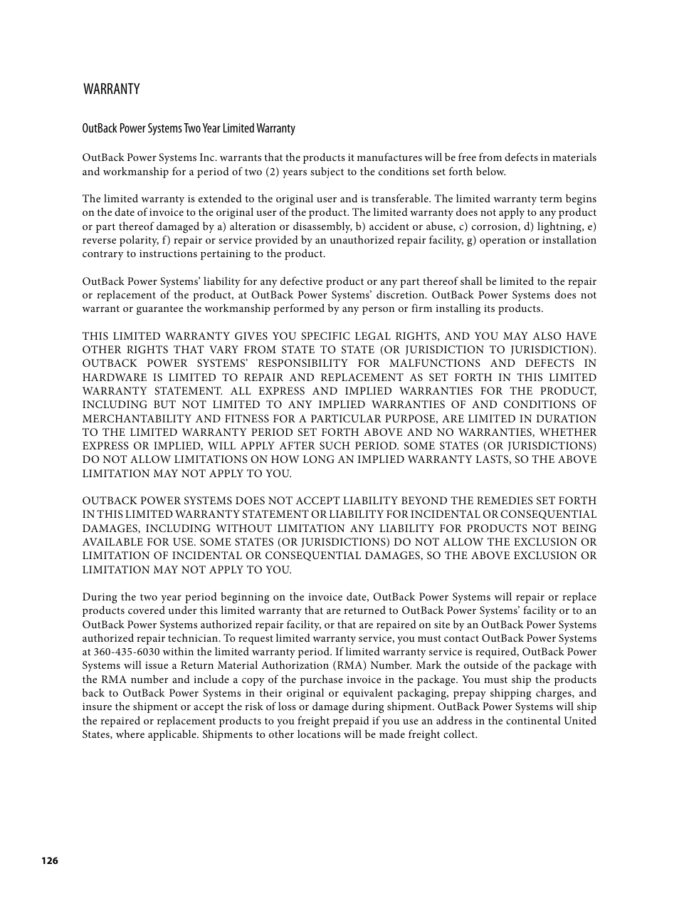 Warranty | Outback Power Systems MATE2 User Manual | Page 126 / 128