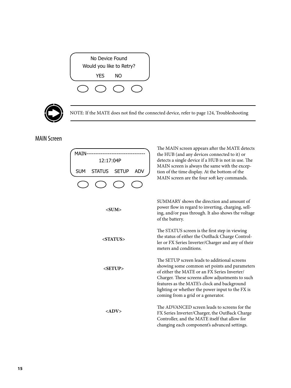 Main screen | Outback Power Systems MATE2 User Manual | Page 15 / 128