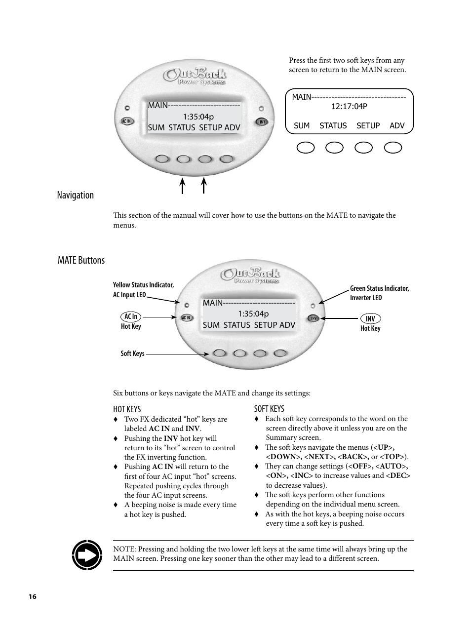 Navigation, Mate buttons | Outback Power Systems MATE2 User Manual | Page 16 / 128