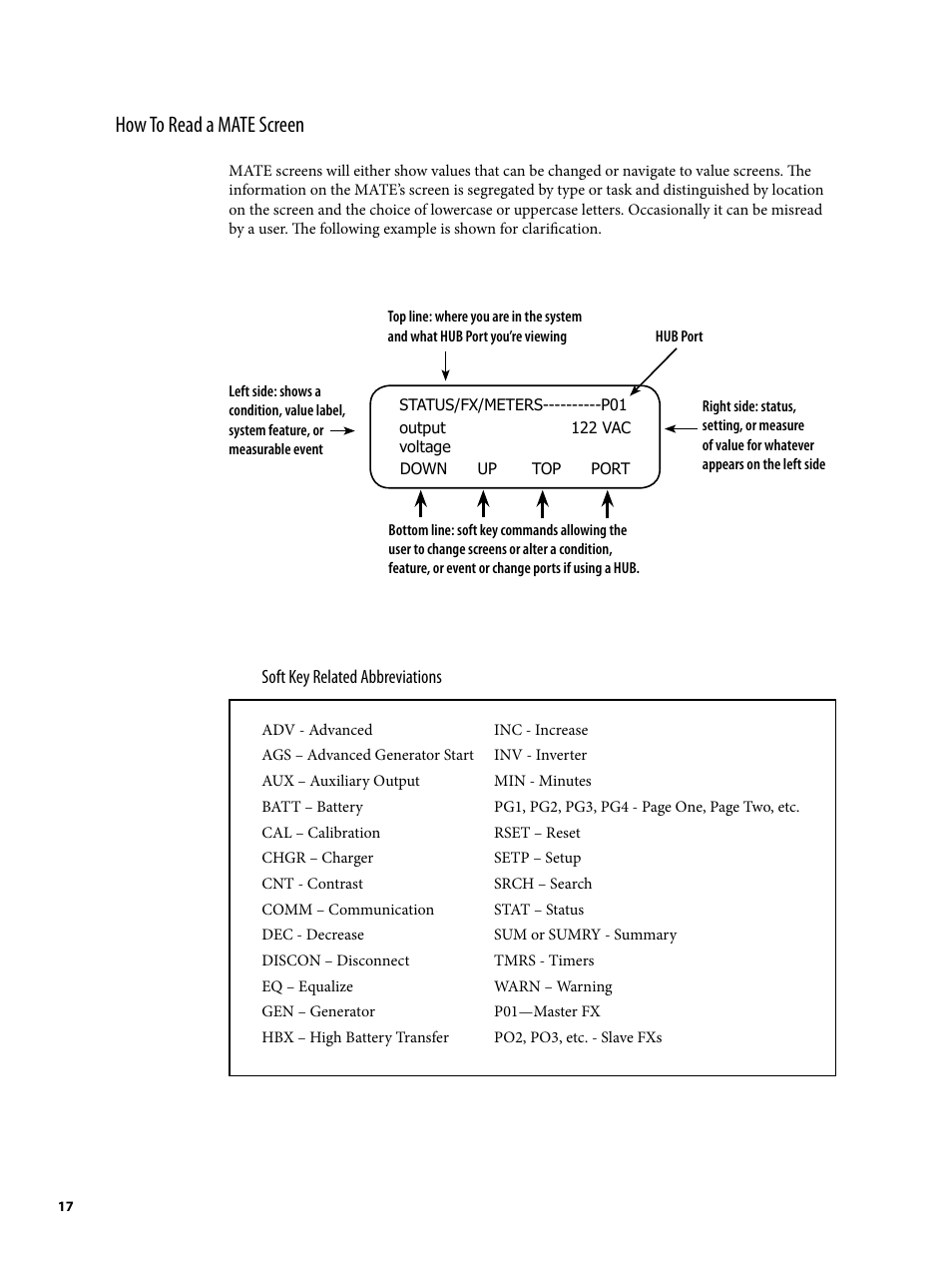 How to read a mate screen | Outback Power Systems MATE2 User Manual | Page 17 / 128