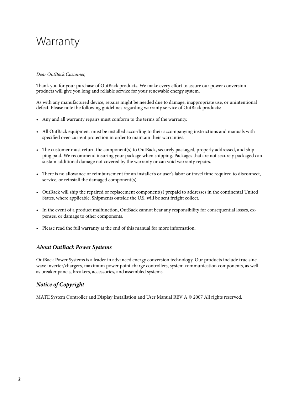 Warranty | Outback Power Systems MATE2 User Manual | Page 2 / 128