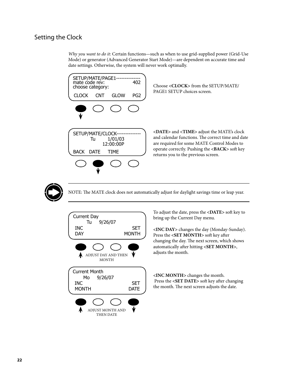 Setting the clock | Outback Power Systems MATE2 User Manual | Page 22 / 128