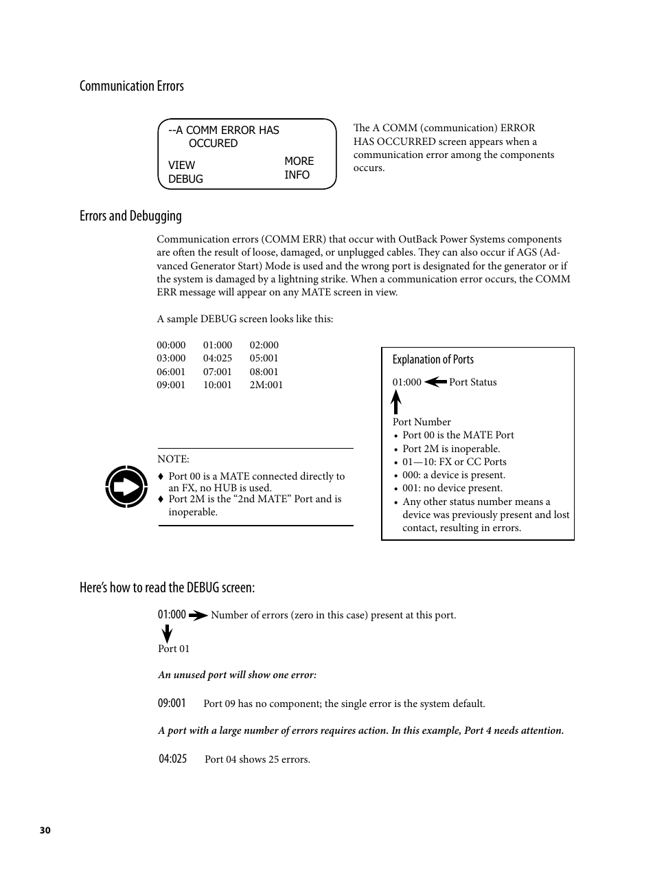 Communication errors errors and debugging, Here’s how to read the debug screen | Outback Power Systems MATE2 User Manual | Page 30 / 128