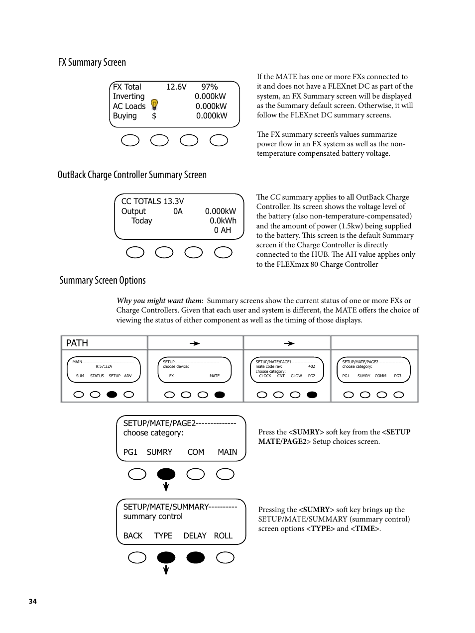 Outback charge controller summary screen, Fx summary screen, Summary screen options | Path | Outback Power Systems MATE2 User Manual | Page 34 / 128