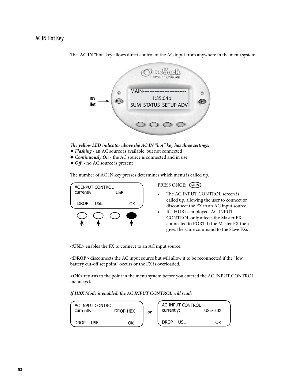 Ac in hot key | Outback Power Systems MATE2 User Manual | Page 52 / 128