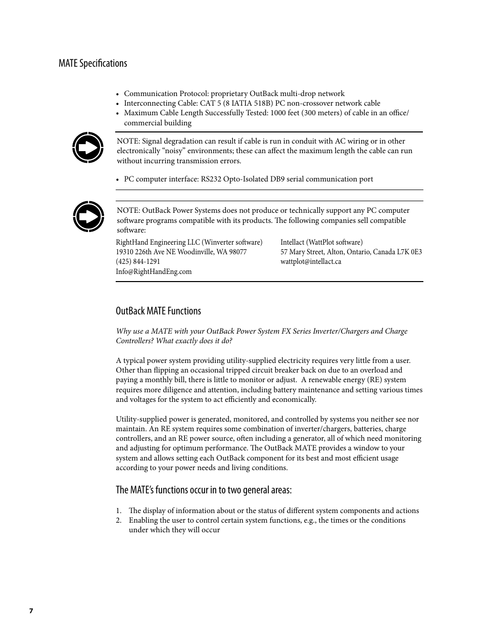Outback mate functions, The mate’s functions occur in to two general areas, Mate specifications | Outback Power Systems MATE2 User Manual | Page 7 / 128
