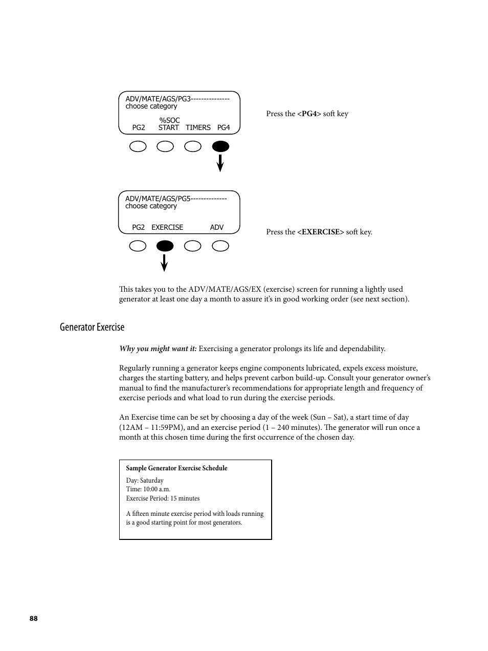 Generator exercise | Outback Power Systems MATE2 User Manual | Page 88 / 128