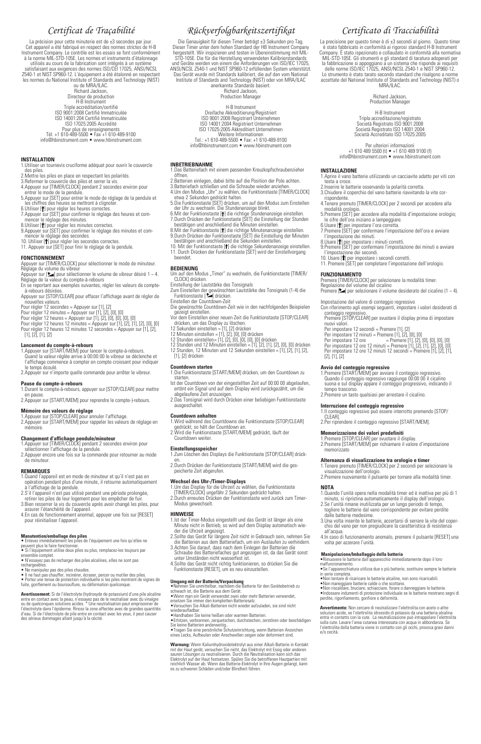 Certificat de traçabilité, Rückverfolgbarkeitszertifikat, Certificato di tracciabilità | H-B Instrument 501 User Manual | Page 2 / 2