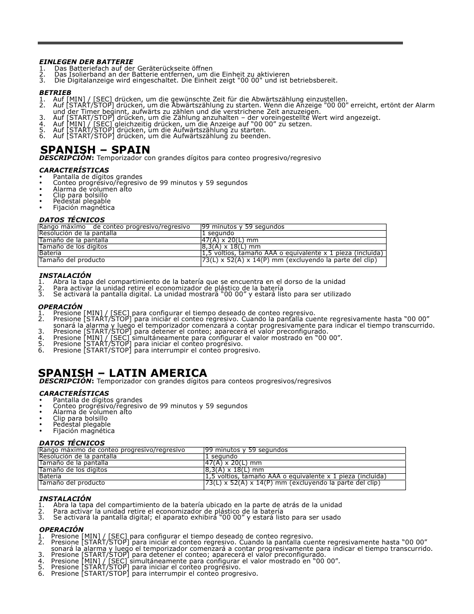 Spanish – spain, Spanish – latin america | H-B Instrument 520 User Manual | Page 2 / 2