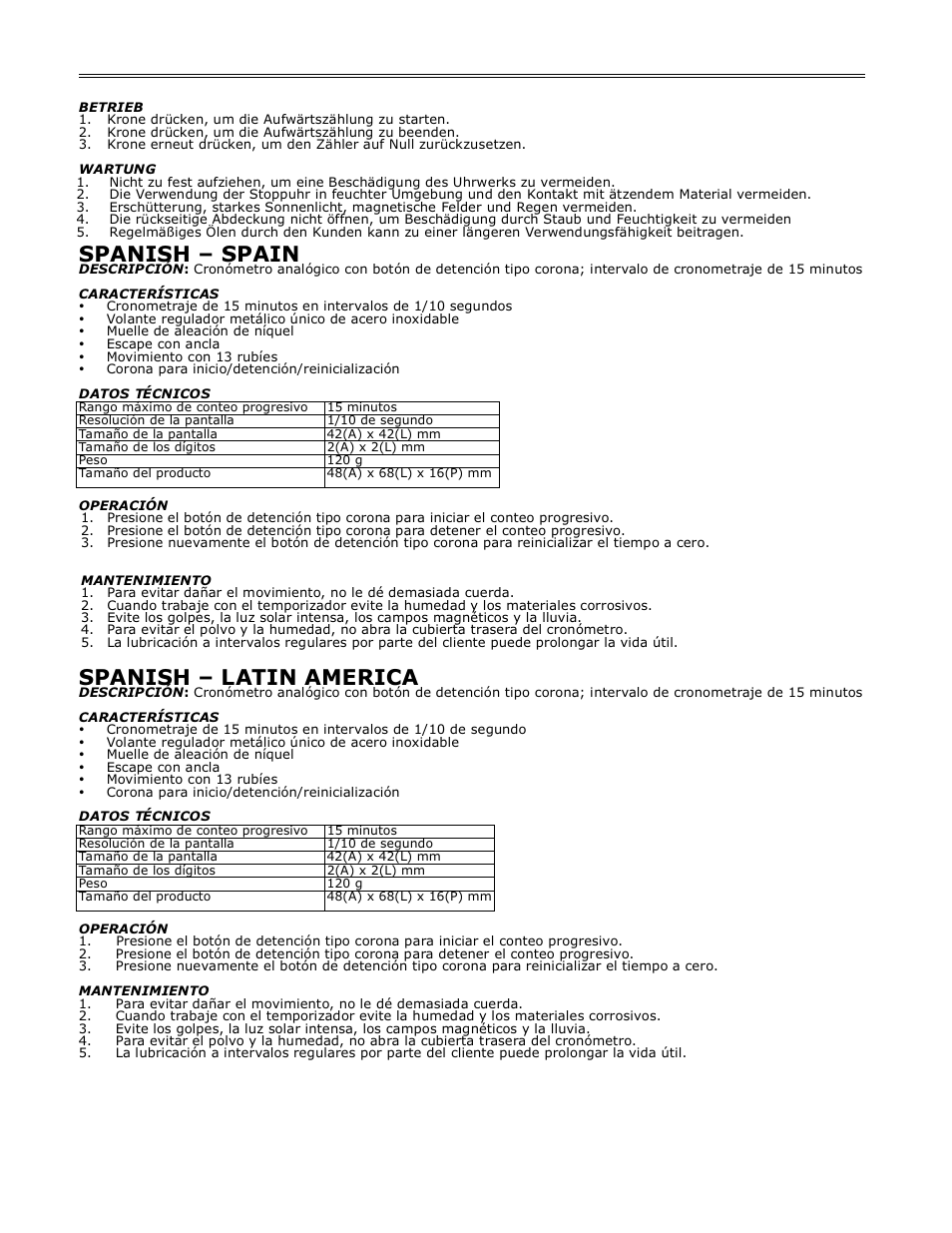 Spanish – spain, Spanish – latin america | H-B Instrument 530 User Manual | Page 2 / 2