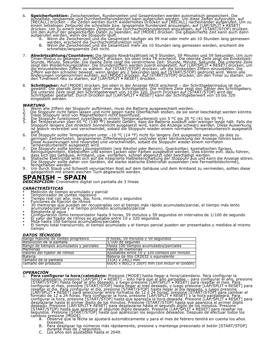 Spanish – spain | H-B Instrument 540 User Manual | Page 5 / 8