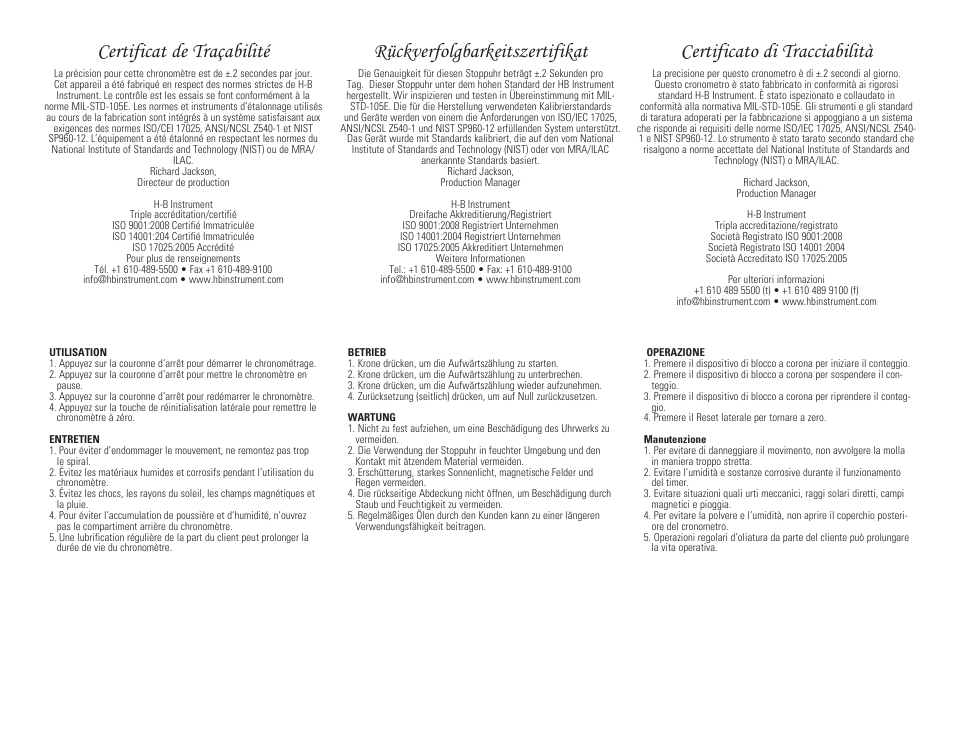 Certificat de traçabilité, Rückverfolgbarkeitszertifikat, Certificato di tracciabilità | H-B Instrument 545 User Manual | Page 2 / 2