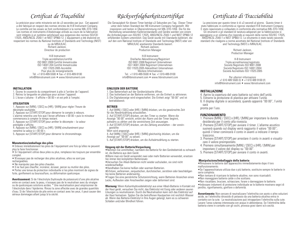 Certificat de traçabilité, Rückverfolgbarkeitszertifikat, Certificato di tracciabilità | H-B Instrument 560 User Manual | Page 2 / 2