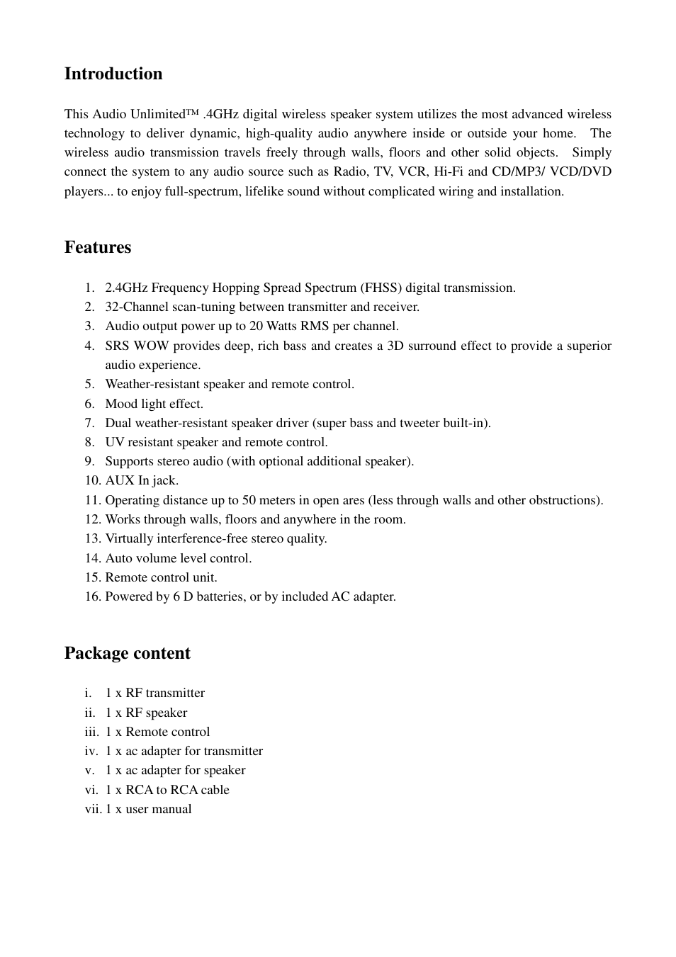 Introduction, Features, Package content | Cables Unlimited SPK-24G User Manual | Page 2 / 8