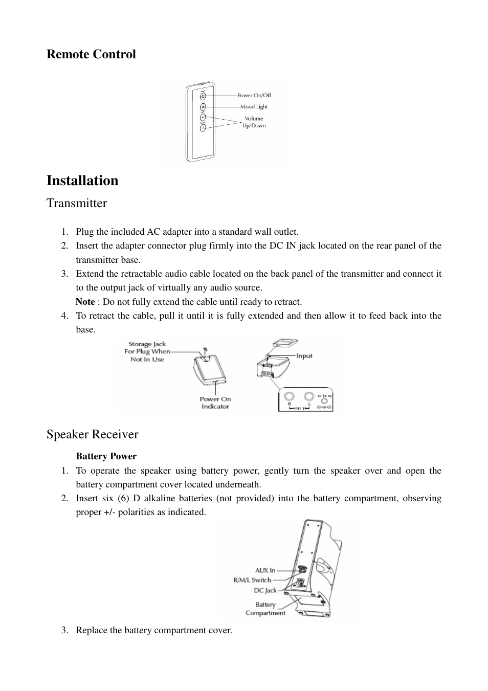 Installation, Remote control, Transmitter | Speaker receiver | Cables Unlimited SPK-24G User Manual | Page 4 / 8