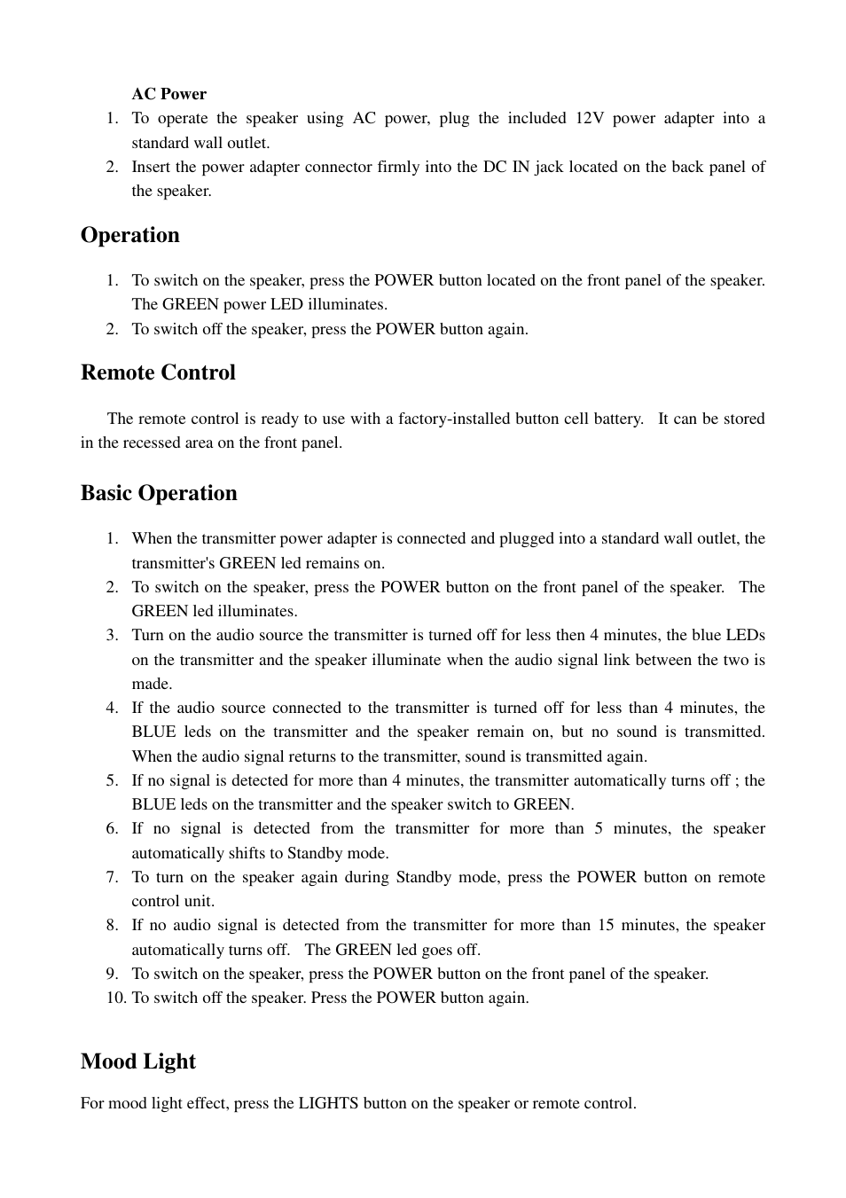 Operation, Remote control, Basic operation | Mood light | Cables Unlimited SPK-24G User Manual | Page 5 / 8