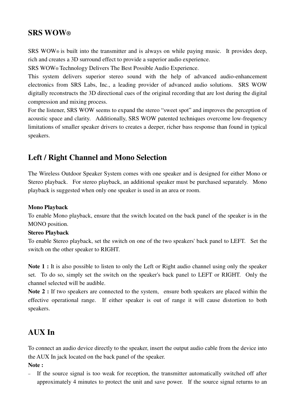 Srs wow, Left / right channel and mono selection, Aux in | Cables Unlimited SPK-24G User Manual | Page 6 / 8