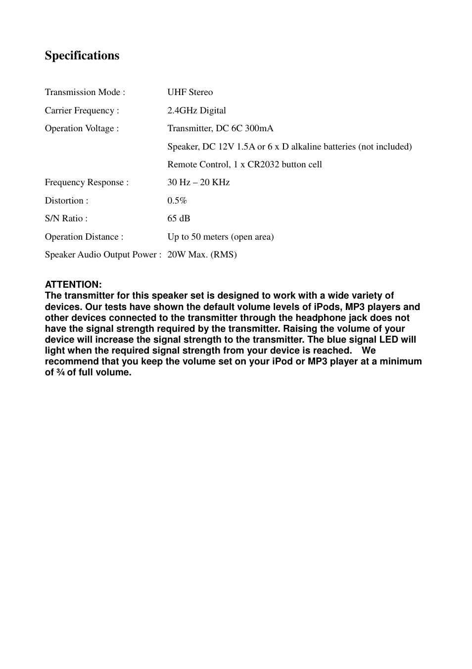 Specifications | Cables Unlimited SPK-24G User Manual | Page 8 / 8