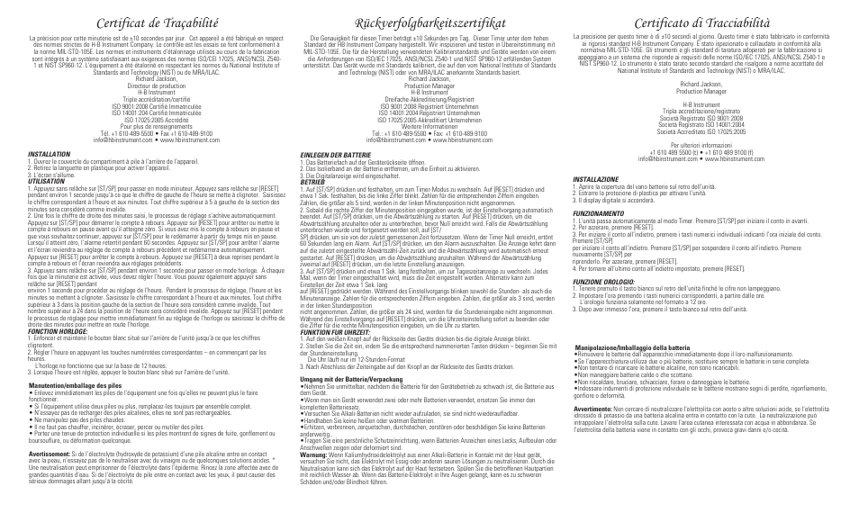 Certificat de traçabilité, Rückverfolgbarkeitszertifikat, Certificato di tracciabilità | H-B Instrument 565 User Manual | Page 2 / 2