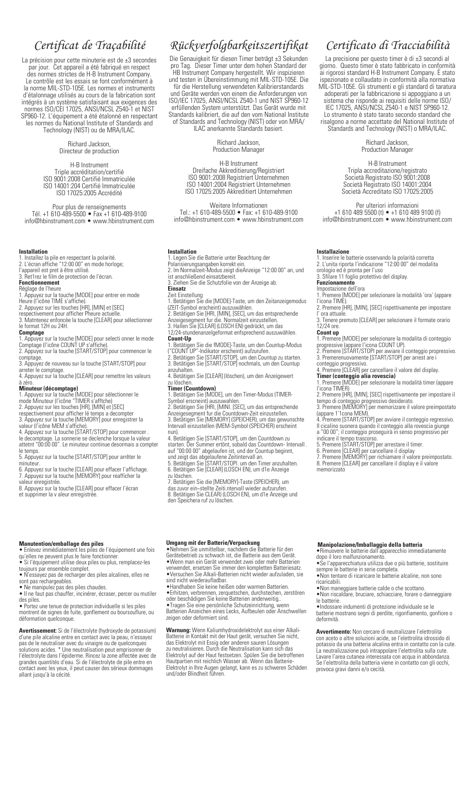 Certificat de traçabilité, Rückverfolgbarkeitszertifikat, Certificato di tracciabilità | H-B Instrument 570 User Manual | Page 2 / 2