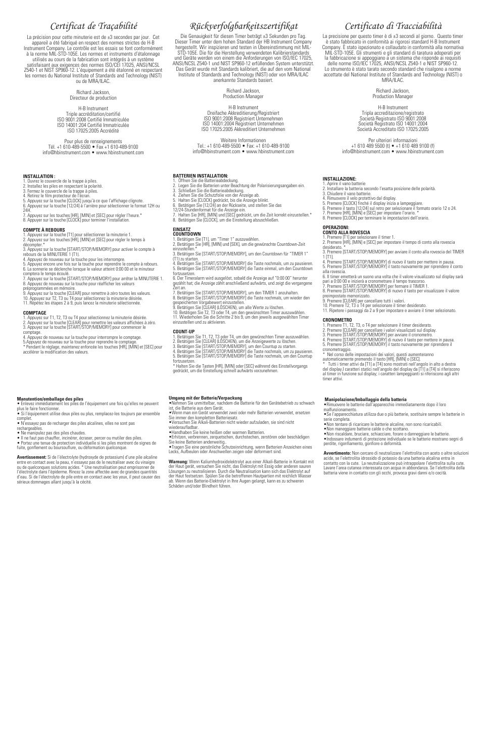 Certificat de traçabilité, Rückverfolgbarkeitszertifikat, Certificato di tracciabilità | H-B Instrument 595 User Manual | Page 2 / 2