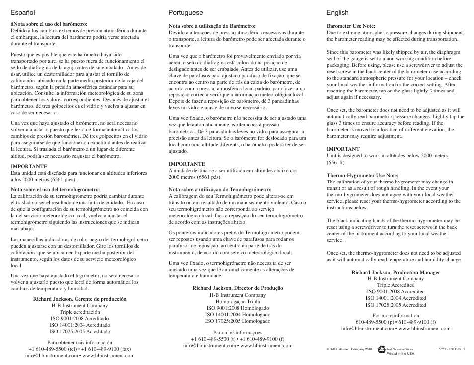 H-B Instrument Analog Thermo-Hygrometer User Manual | 2 pages