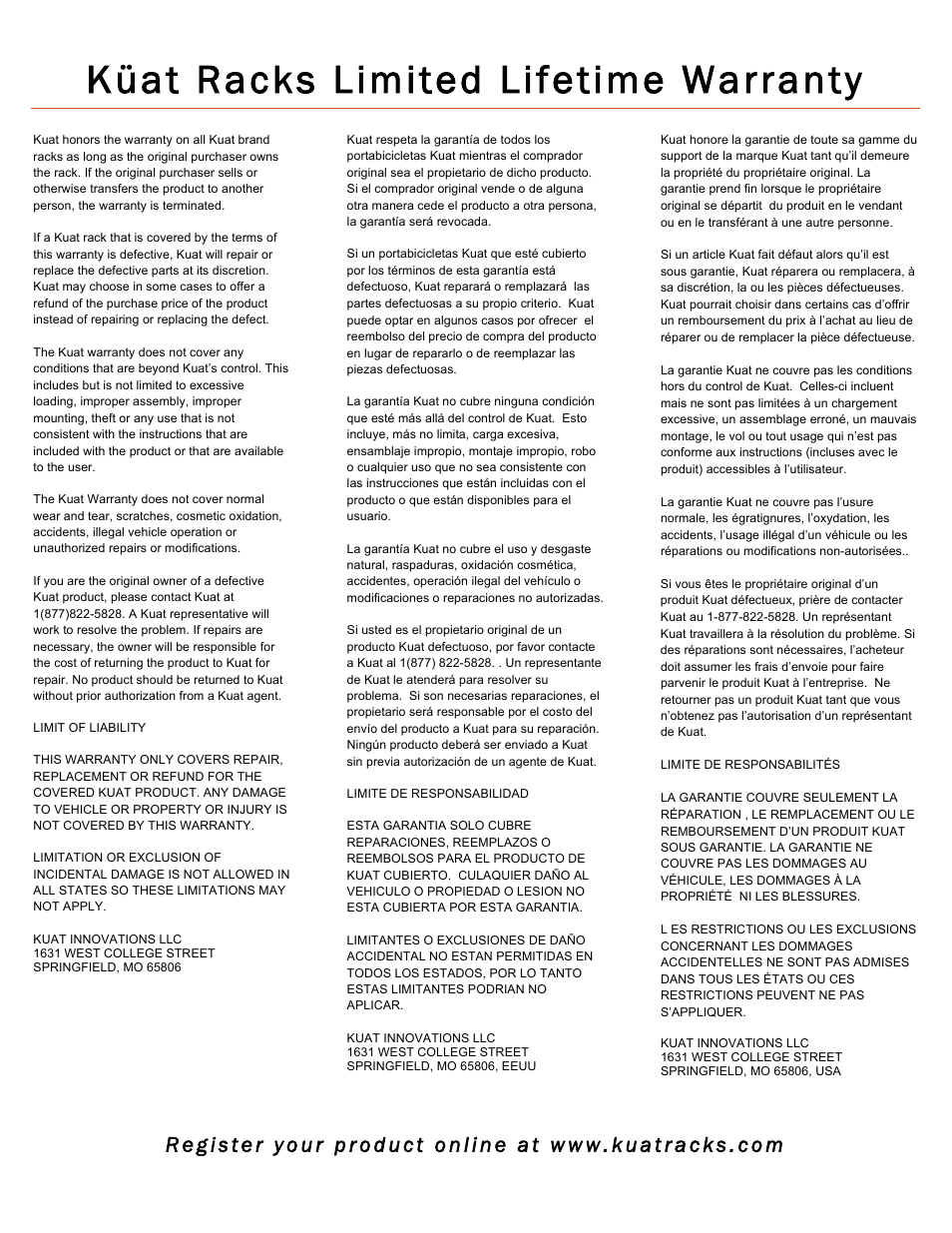 Küat racks limited lifetime warranty | Küat Alpha User Manual | Page 2 / 3