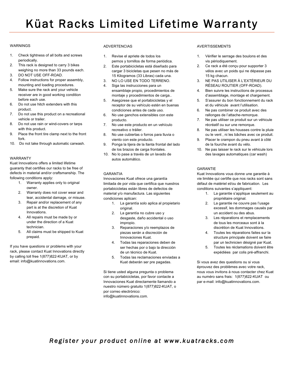 Küat racks limited lifetime warranty | Küat Alpha User Manual | Page 3 / 3