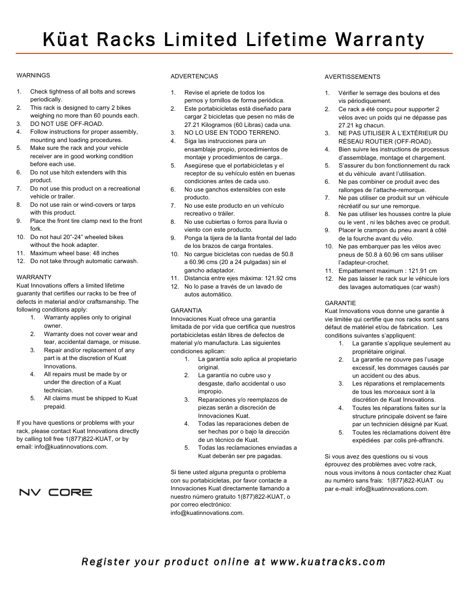 Küat racks limited lifetime warranty | Küat NV CORE User Manual | Page 4 / 4