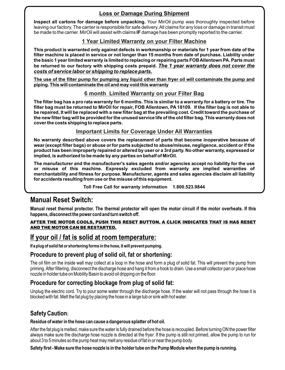 Manual reset switch, If your oil / fat is solid at room temperature, Safety caution | MirOil BS707 User Manual | Page 3 / 7