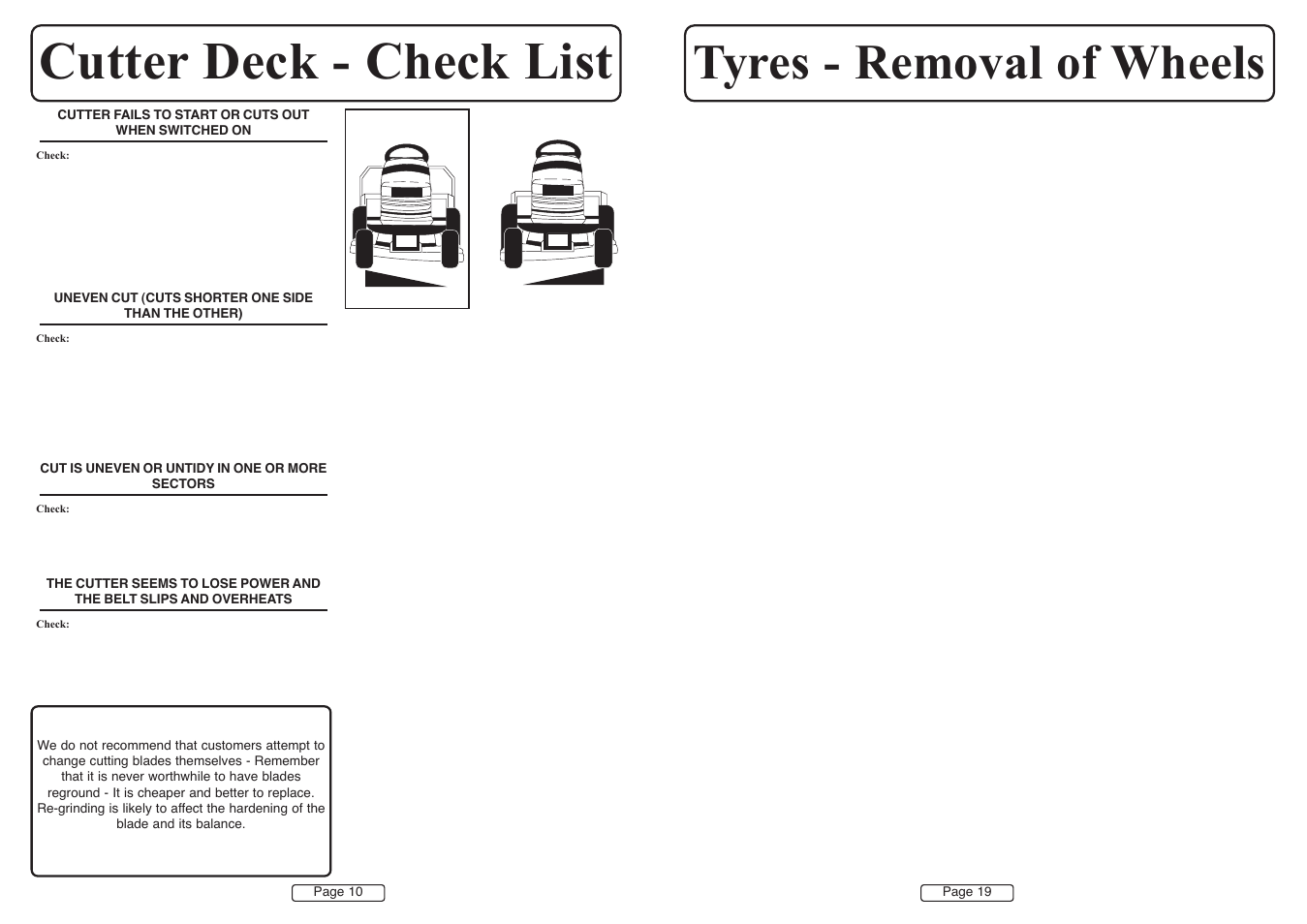 Cutter deck - check list, Tyres - removal of wheels | Countax A50 User Manual | Page 10 / 14