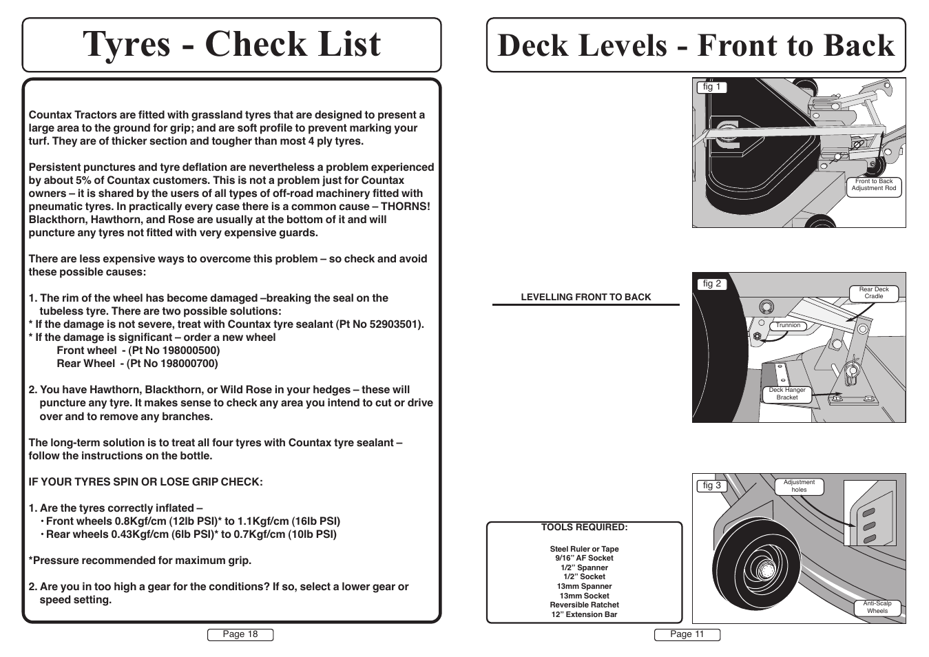 Tyres - check list, Deck levels - front to back | Countax A50 User Manual | Page 11 / 14