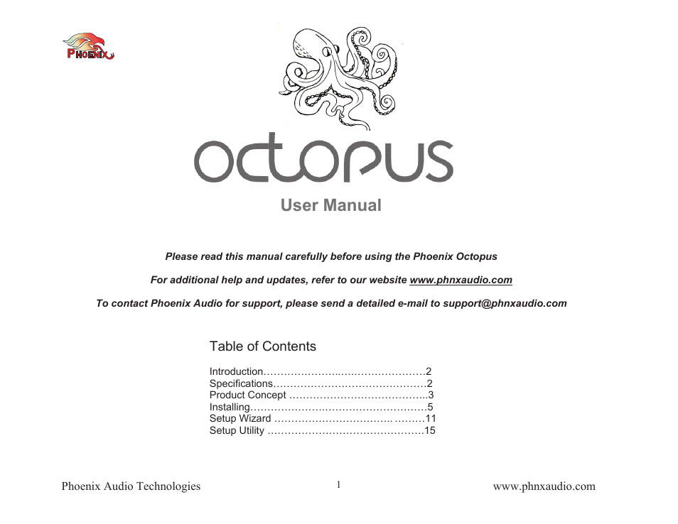 Phoenix Audio Octopus User Manual | 16 pages