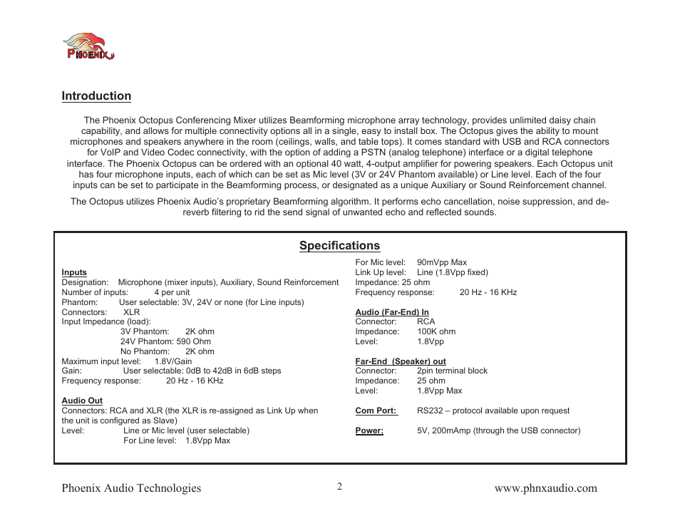 Introduction, Specifications | Phoenix Audio Octopus User Manual | Page 2 / 16