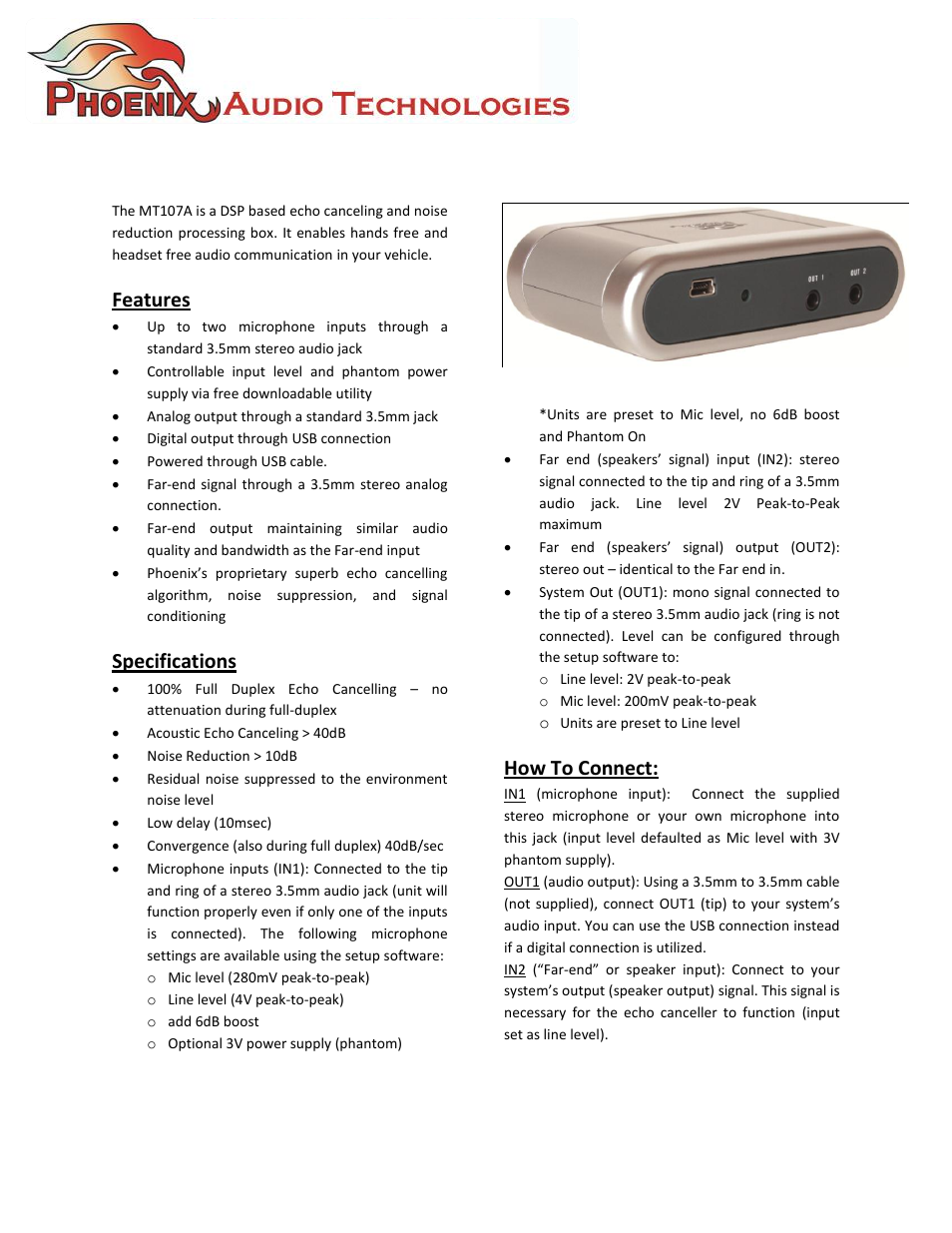 Phoenix Audio MT107A User Manual | 2 pages